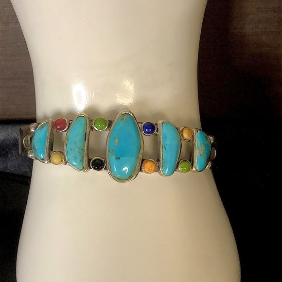 BARSE Turquoise Sterling Silver Multi Gemstone Southwestern Cuff Bracelet - Picture 10 of 11